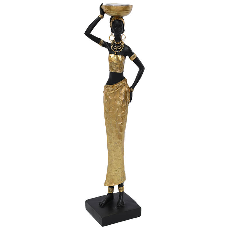 AFRICAN LADY BASKET ON HEAD 37CM WITH TEA LIGHT